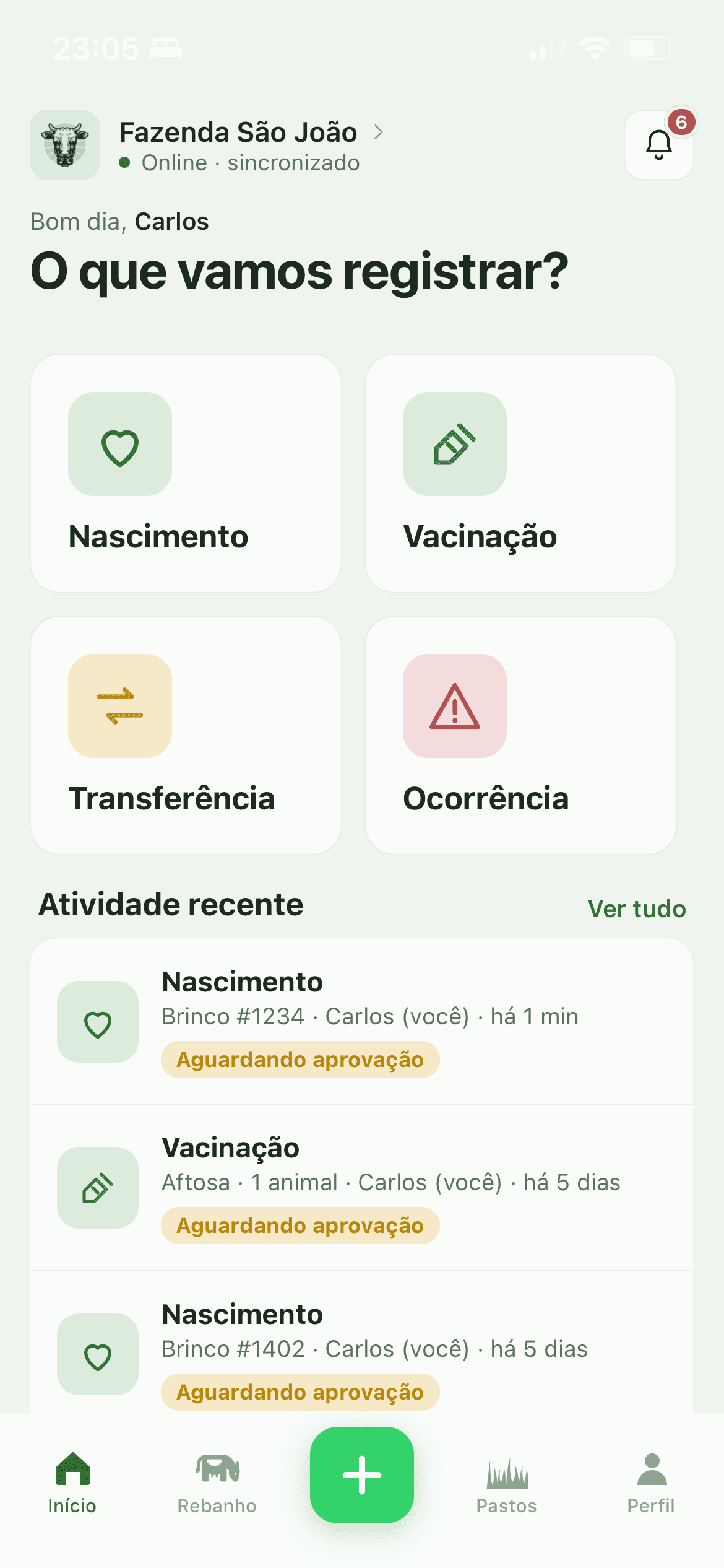 Tela inicial do aplicativo com a atividade recente aguardando aprovação