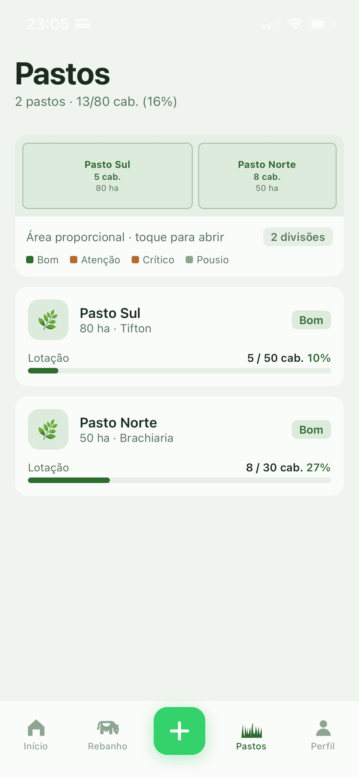 Tela de pastos do aplicativo mostrando a lotação de cada divisão