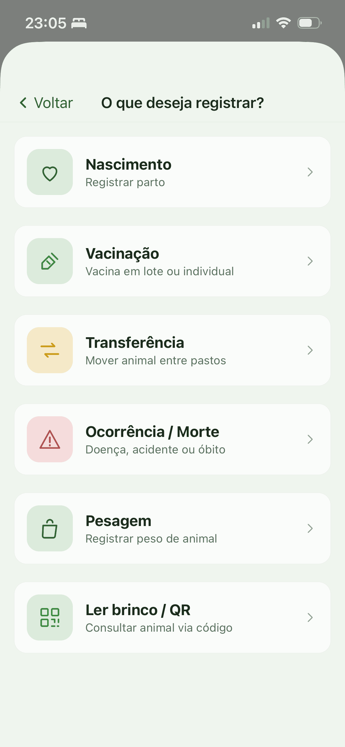 Tela do aplicativo listando os seis tipos de registro disponíveis